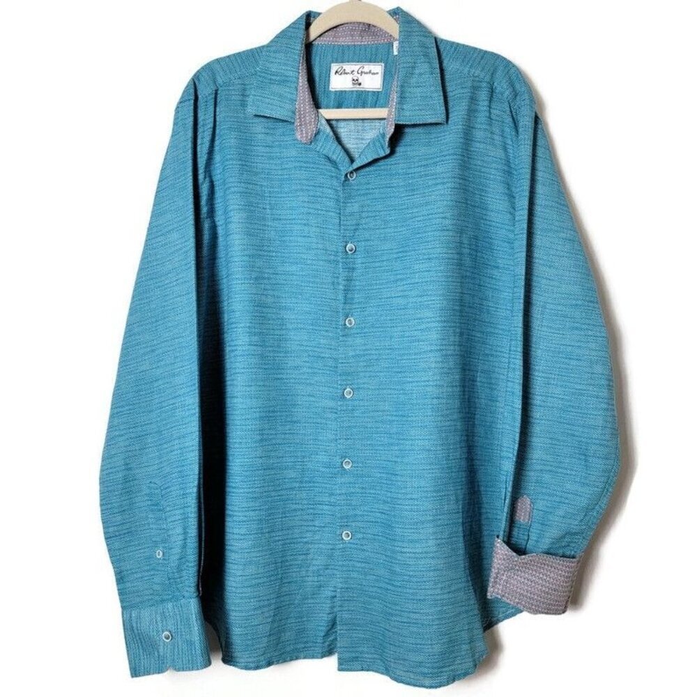 Robert Graham Mens Teal Linen Blend Flip Cuffs Long Sleeve Button Up Shirt 2XL